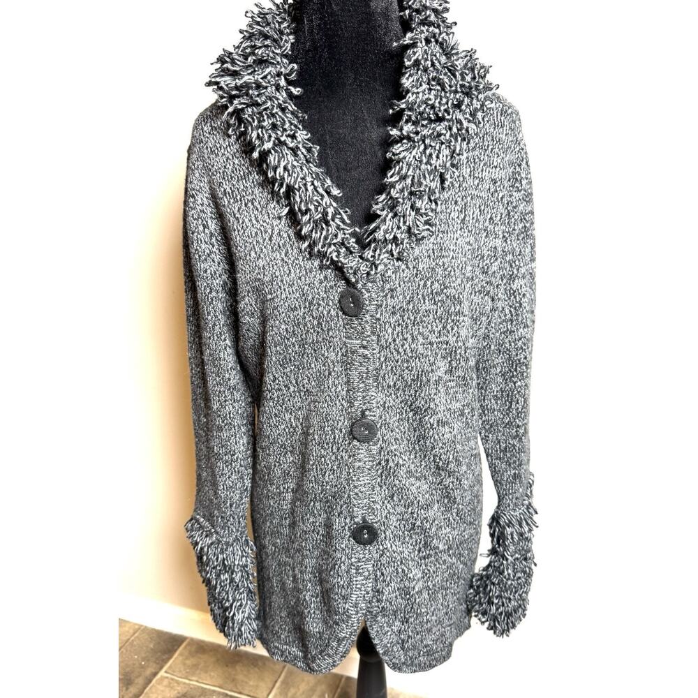 One A Women’s Cardigan Long Sleeve Size L Fringy Style Accents Black Dark Gray